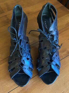 Chinese Laundry Black Leather Peep Toe Lace Up Evening Heels Size 8.5